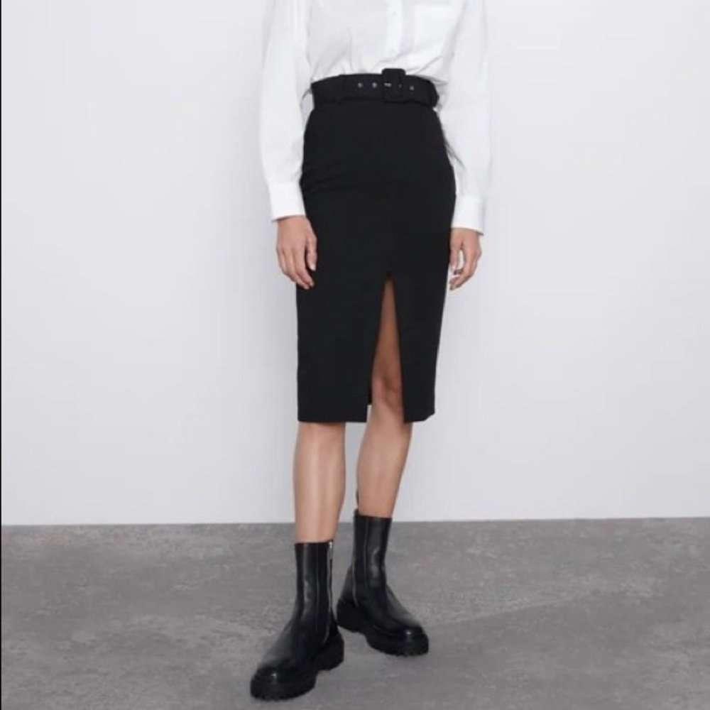 Zara Black Belted Pencil Front Slit Skirt XS